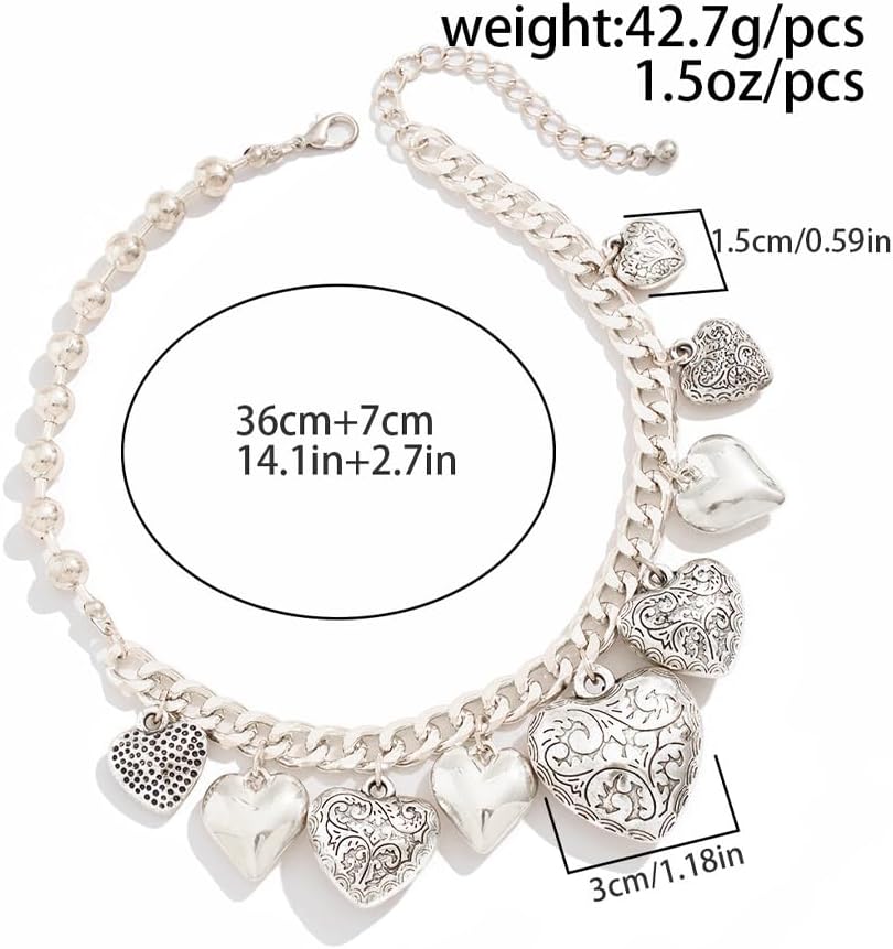 Puffy Heart Necklace for Women Chunky Punk Print Love Pendant Necklaces Exaggerated Multi Heart Ball Bead Cuban Clavicle Necklace Statement Jewelry Gift - Image 3