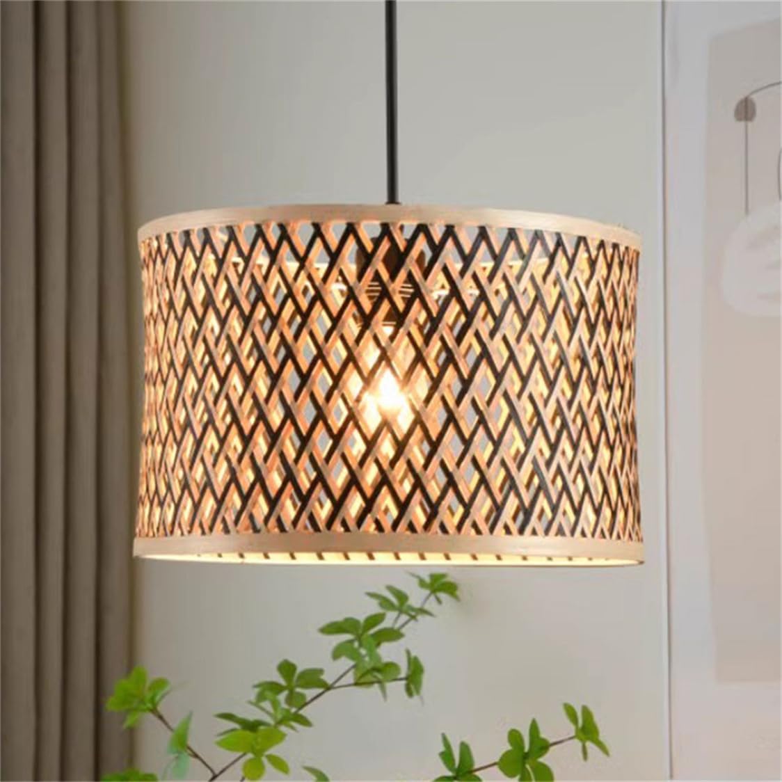 SHUANGZ Unique Drum Rattan Lamp Shade Wabi-sabi Japanese Style Ambient Lighting Double-Color Bamboo Chandeliers Vintage Foyer Natural Basket Chandeliers for Kitchen Island and Living Room Corridor