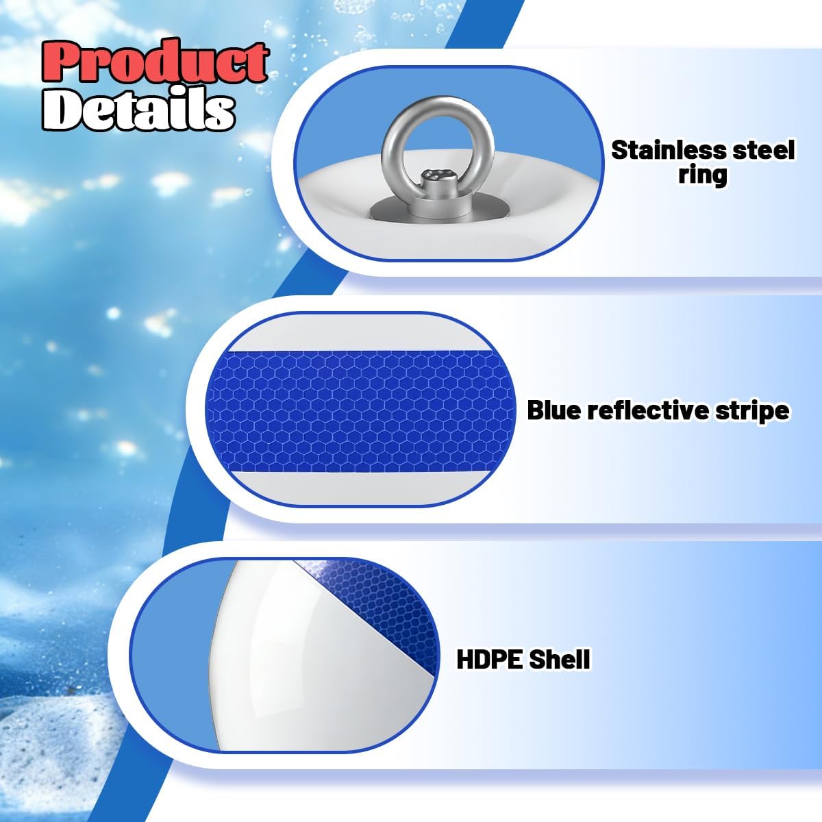 Boat Mooring Buoy,with Blue Reflective Stripes,12/15/20 Inch | White Anchor Buoy for Boat,Buoy Float Ball Boat Buoy for Mooring Boats
