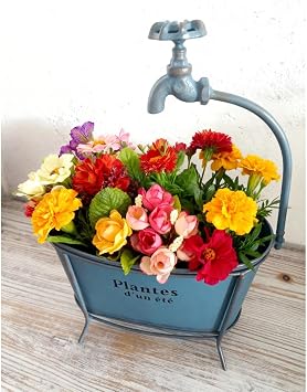 Faucet Metal Tub Flower Pots,Vintage Flower Planter with Clawfoot,Vase Oval Farmhouse Cactus Pot Nursery Tub for Indoor/Outdoor Garden Decorative Blue, M11.8 * 9 * 15.7inch
