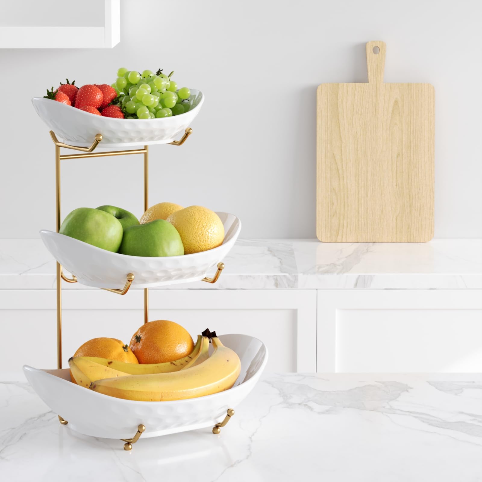 Miska na owoce, 3-poziomowy ceramiczny kosz na owoce, stojak do serwowania, miska do serwowania z metalowym stojakiem, porcelanowe miski kuchenne do przechowywania owoców, warzyw, przekąsek,