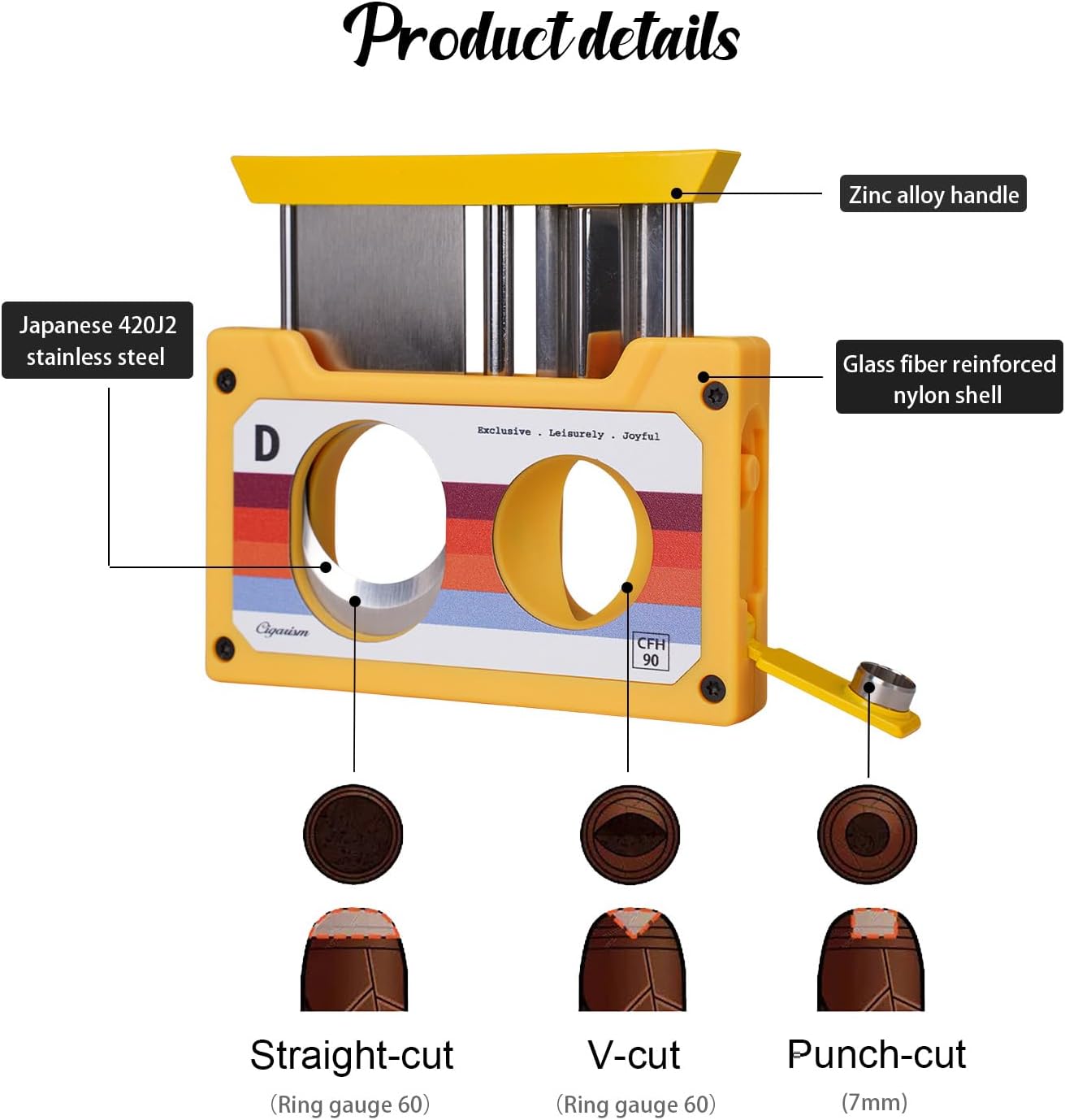 Cassette Style Cigar Cutter, Straight Cut V Cut Cigar Punch 3 in 1, Cuts Up to 60 Ring Gauge Ultralight Portable (Yellow)