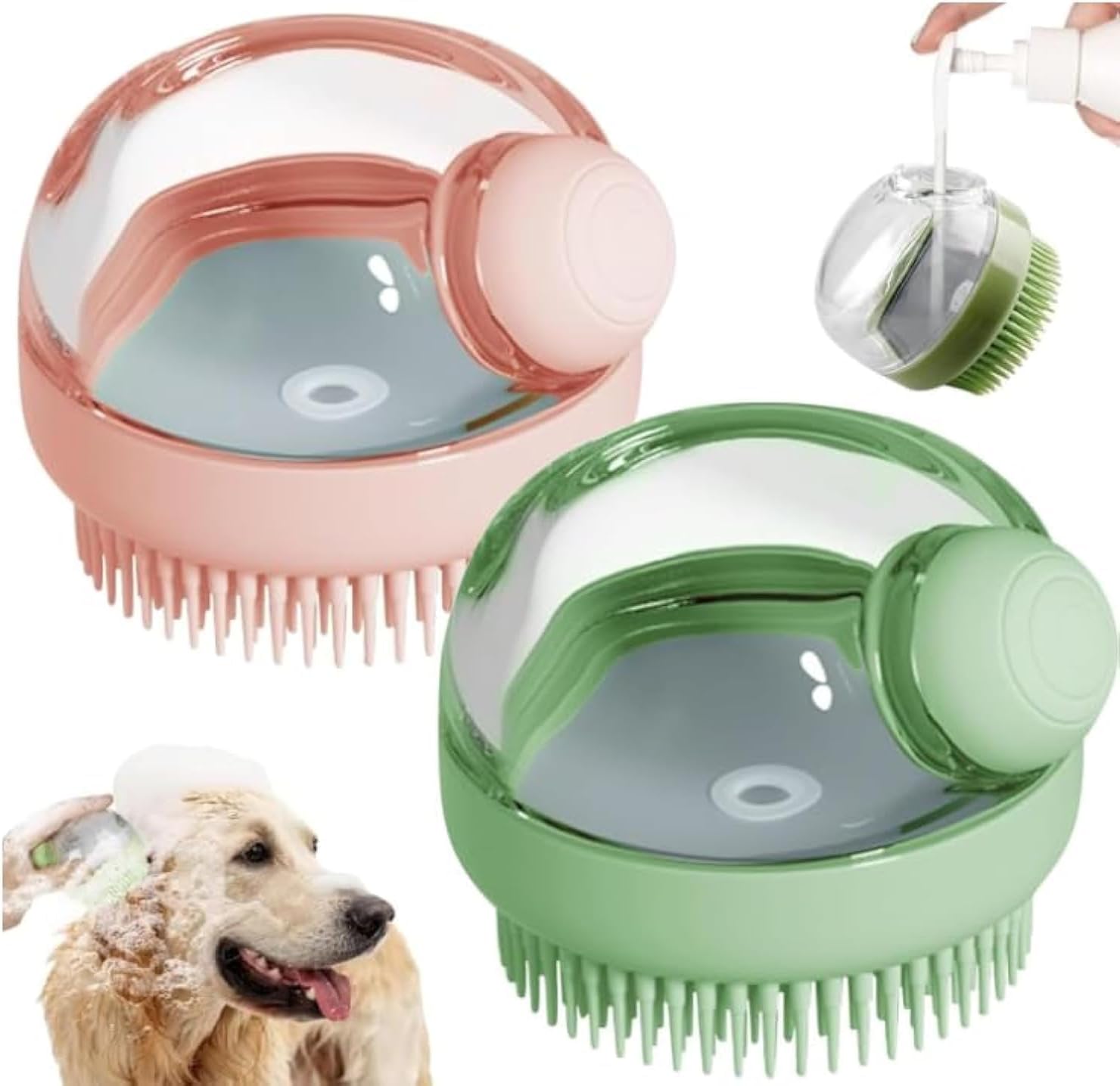 3-in-1 Pet Bath Brush Comb - 2Pack Soft Silicone Massage Brush for Dogs and Cats, with Shampoo Dispenser, Leak-Proof Design, Soft Silicone Dog Shampoo Brush, 2 pieces (Green+ pink)