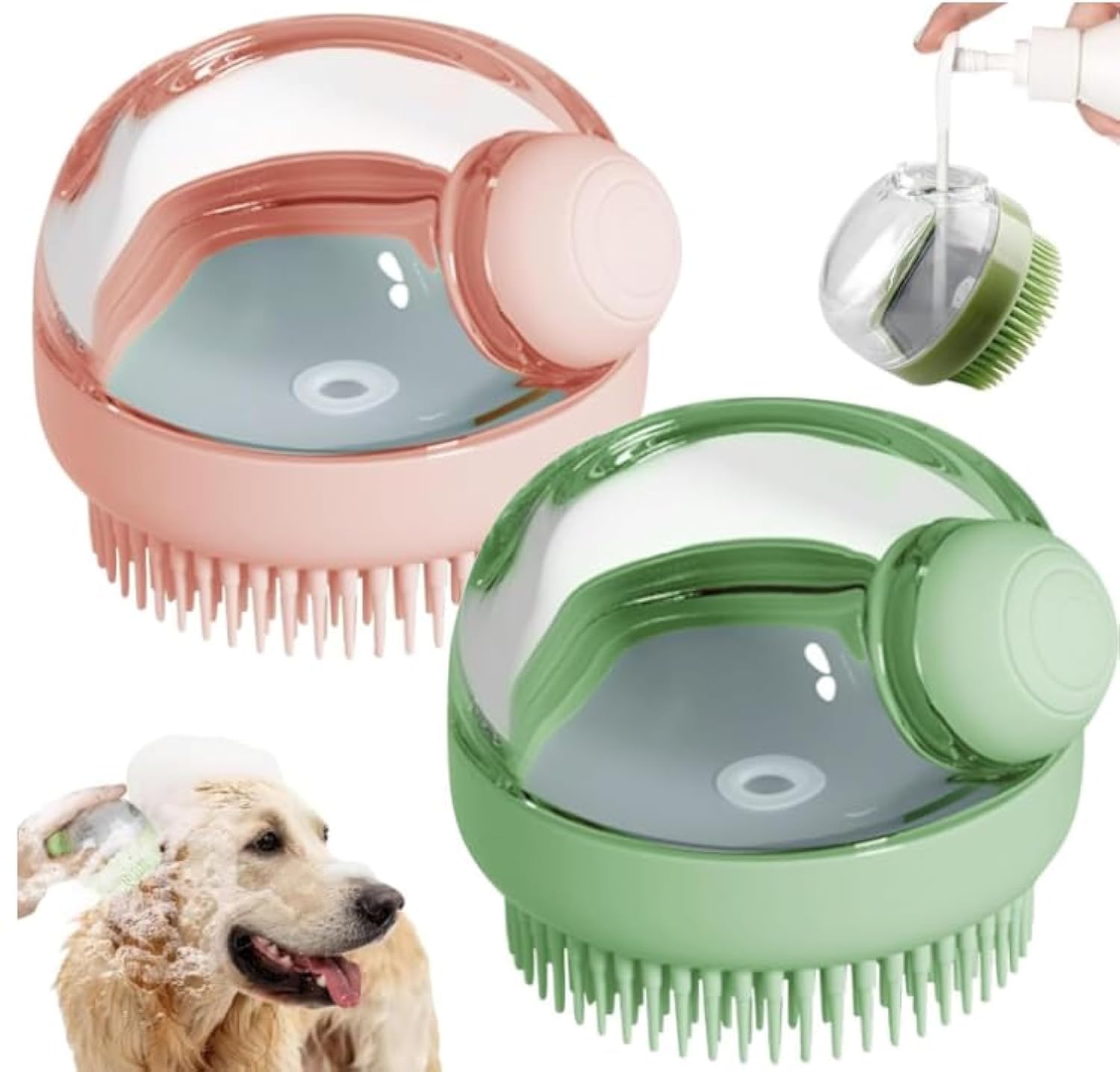 DORAIMI123 3-in-1 Pet Bath Brush Comb - 2Pack Soft Silicone Massage Brush for Dogs and Cats, with Shampoo Dispenser, Leak-Proof Design, Soft Silicone Dog Shampoo Brush, 2 pieces (Green+ pink)