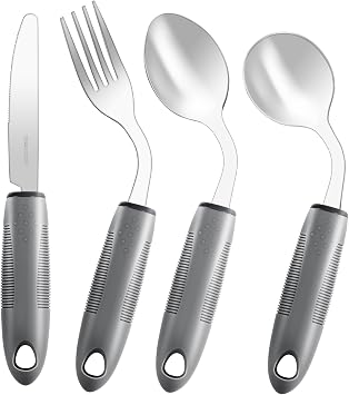 Adaptive Utensils,Weighted Utensils for Hand Tremors,Utensils for Parkinsons Patients,Elderly,Arthritis,Weak Hand Grip,Tremors&Handicapped.Stainless Steel Knife,Fork and Spoons Set 4pcs Right-Handed