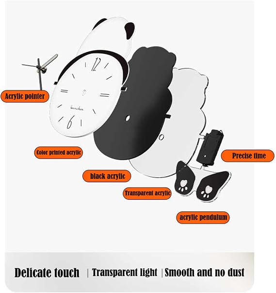 Panda Modern Large Wall Clock Decorative Silent Non Ticking Battery Operated Kids Wall Clock with Pendulum Fun Cute 3D Wall Clock with Light for Living Room Bedroom Farmhouse Office