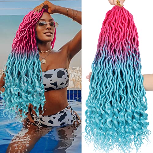 Ms Aloe Curly Faux Locs Crochet Hair 5Packs Pink Lake Blue Ombre Wavy Faux Locs With Curly Ends Pre Looped Goddess Locs Crochet Hair For Black Women (20Inch,Pink/Lake Blue) #TOP29