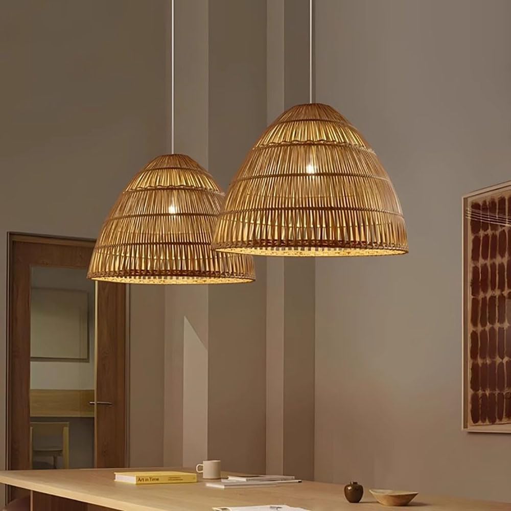 XQIDIANAA 1-Light Natural Handwoven Rattan Chandelier, E26 Pendant Light with Adjustable Cord, Boho Farmhouse Coastal Hanging Lamp Fixture for Dining Room Kitchen Island Foyer Bedroom