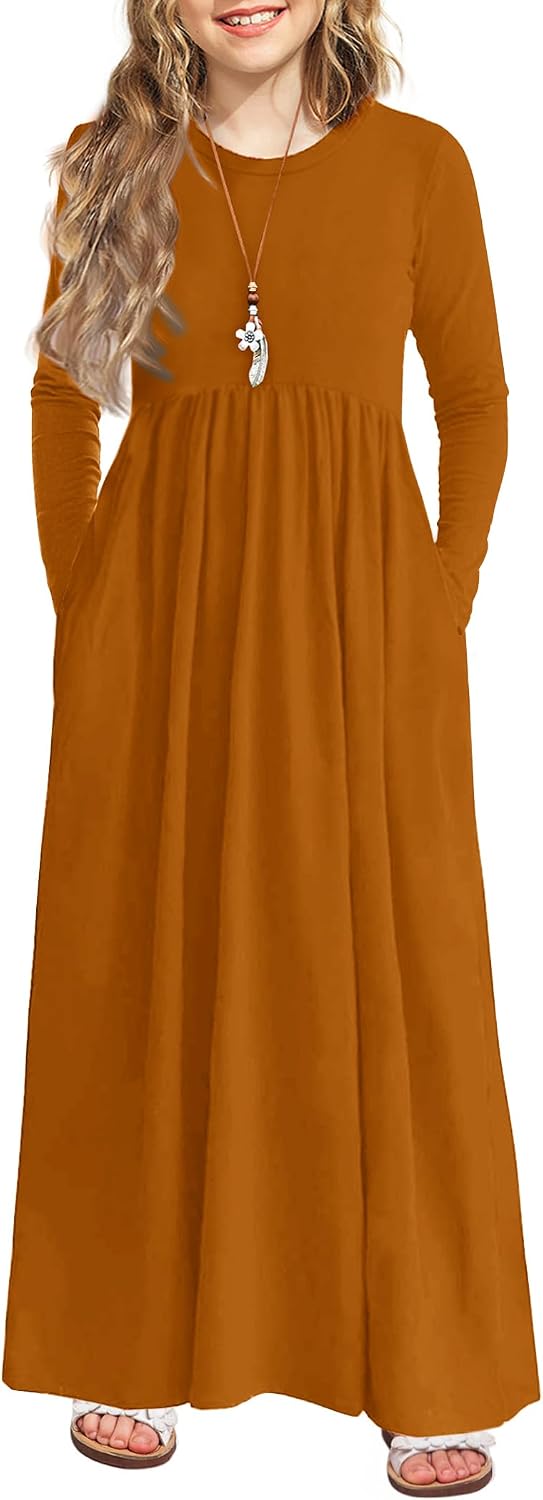 Arshiner Girls Maxi Dress Long/Short Sleeve Casual Holiday Dress with Pockets for 5-13 Years
