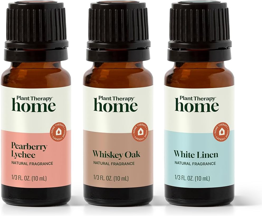 Plant Therapy Home Natural Fragrance Set of 3, Pearberry Lychee, Whiskey Oak, & White Linen 10 mL (1/3 oz) Each
