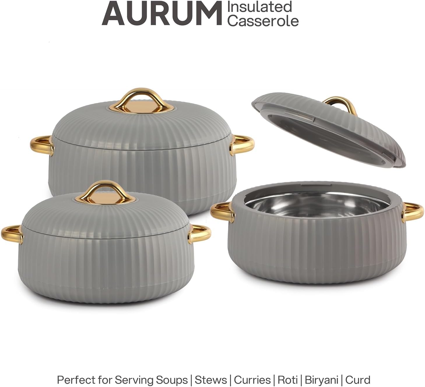 Inner Steel Casserole | Keeps Food hot & Fresh Chapati, Roti, Biryani, Best For Breakfast, Lunch, Dinner, Kitchen Cassrole Set of 3, Grey (2x1000ml, 1x1500ml)
