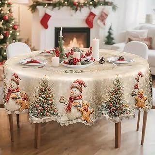1pc Vintage Winter Snowman & Gingerbread for Man Christmas Tablecloth - Durable Polyester Rectangular Holiday Table Cover with Ruffled Edges (1pc(58.27 * 70.87inch) Table Cloth)