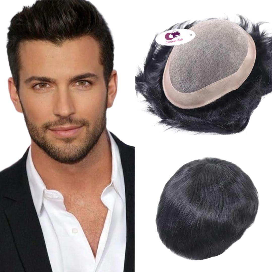 Sponsored Ad - Glorious Hub 10x8 COMFORT Monofilament Hair Patch for Men | 100% Human Hair Wig Original | Natural Look Durable Toupee | Non Surgical Replacement System | Use with Clips, Glue or Tape | Natural Black |