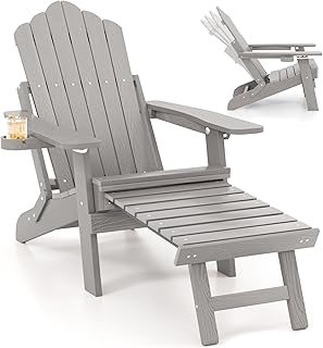 Giantex Folding Adirondack Chair, All-Weather Lounge Chair with Adjustable Backrest, Retractable Ottoman, Cup Holder, HIPS...