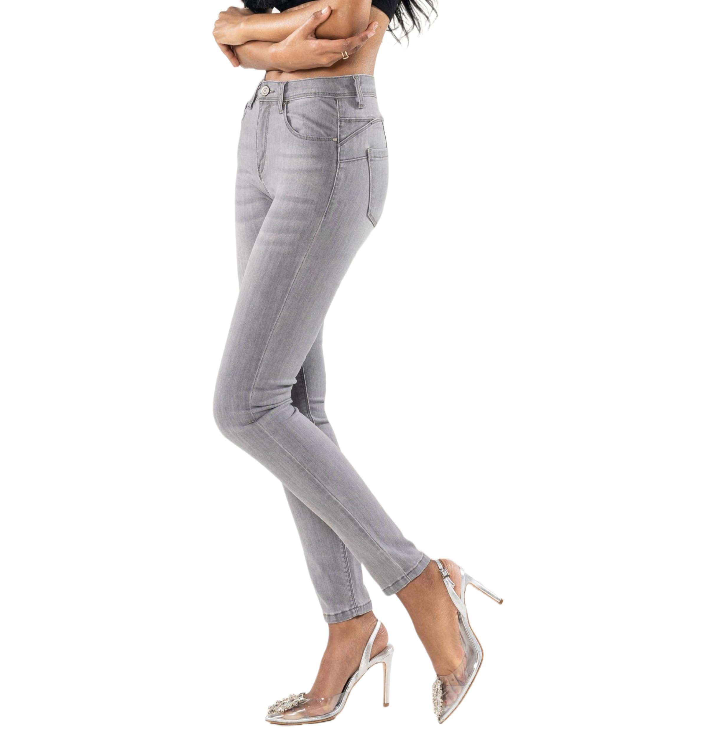 Jean coupe skinny pour femme - Taille haute - Stretch - Effet plissé - Coupe ajustée - Coupe ajustée - Style usé - 5 poches