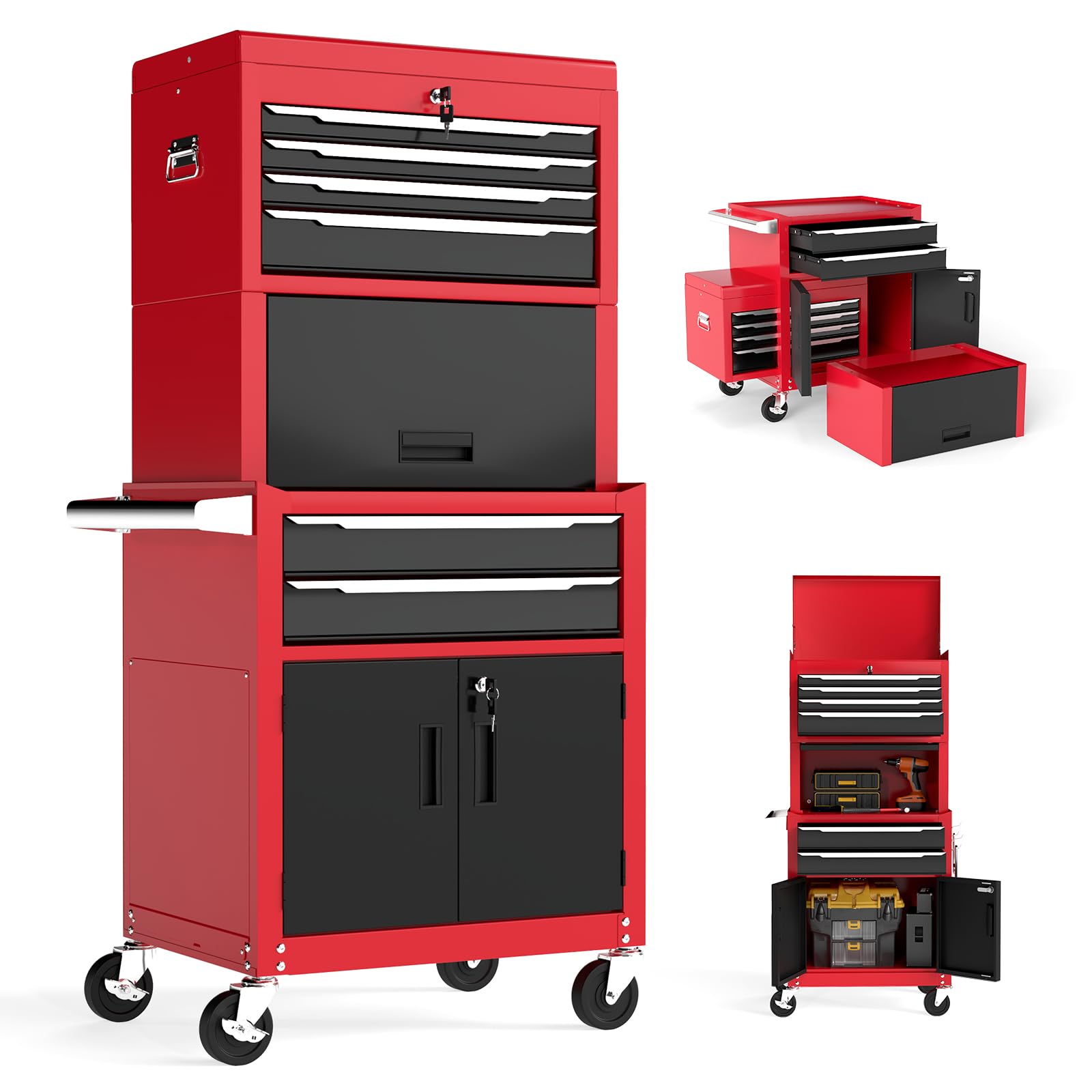 TANGZON Tool Cabinet, 2/3 in 1 Auto-Lockable Rolling Metal Tool Chest with 6 Drawers & Univeral Wheels, Heavy Duty Tool Box Organizer Cart Trolley (3 in 1, Black+Red)