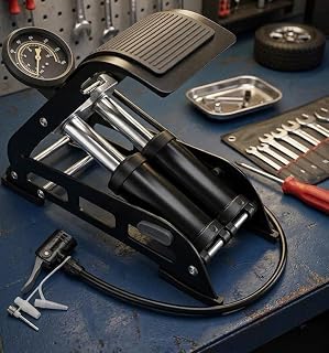 Rangchhelo Heavy Duty Double Barrel Foot Pump High Pressure Inflator with Gauge | Portable Air Pump for Car Tyres, Bikes, ... Price In India