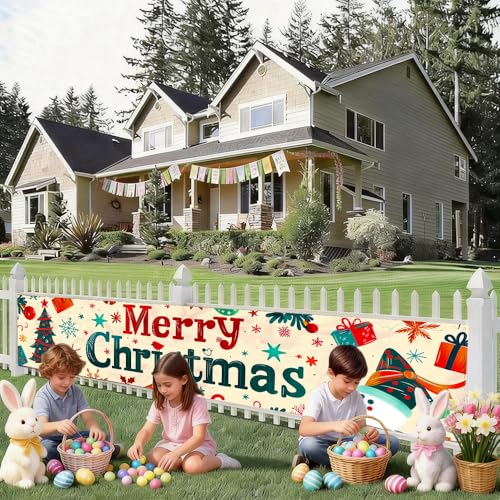 Image of Christmas Tree and Snowman Banner 78.7 x 17.7 Inch Colorful Tree Gift and Snowman Pattern Holiday Decoration for Yard Garden Fence Porch Patio or Winter Celebration Display