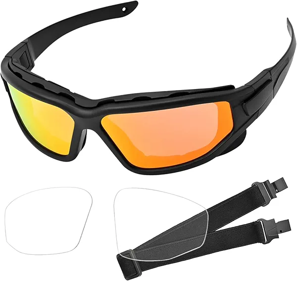 Motorcycle Riding Glasses, Foam Padded Protective Goggles w/ 1 Interchangeable Clear Lens, UV Protection Anti-Wind Dustproof, Motorcycle Sunglasses for Outdoor Sport