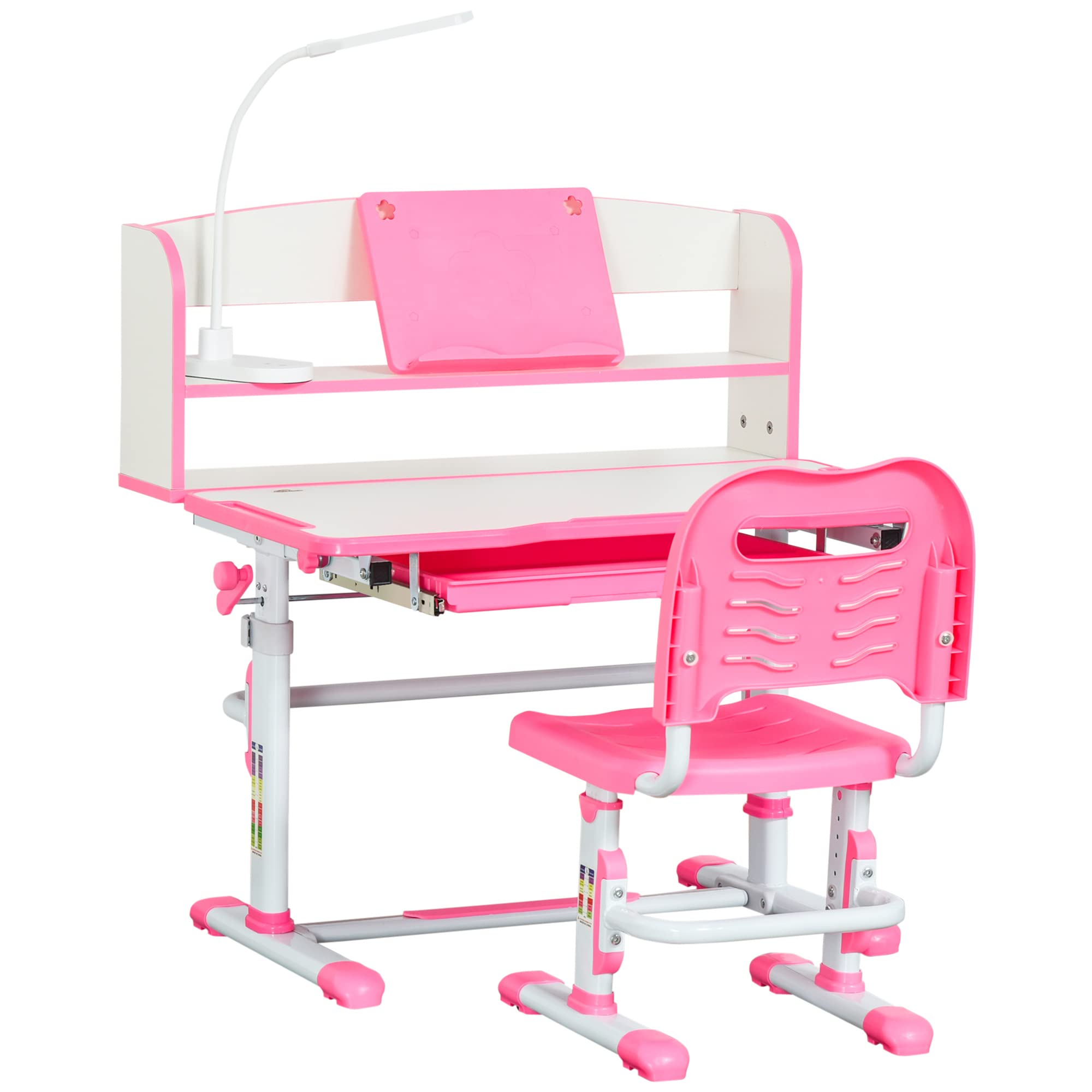 HOMCOM Set Scrivania e Sedia per Bambini 6-12 Anni Regolabili in Altezza, Banco Scuola con Piano Inclinabile 45°, Lampada, Cassetto, Scaffale, Portapenne e Leggio, in Acciaio e MDF, Rosa