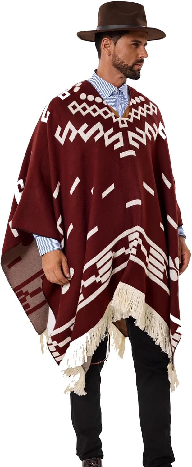 JXVX Western Cowboy Poncho Serape Authentic Mexican Hippie Alpaca Wool Poncho Halloween Western Theme Party Outfit Costume