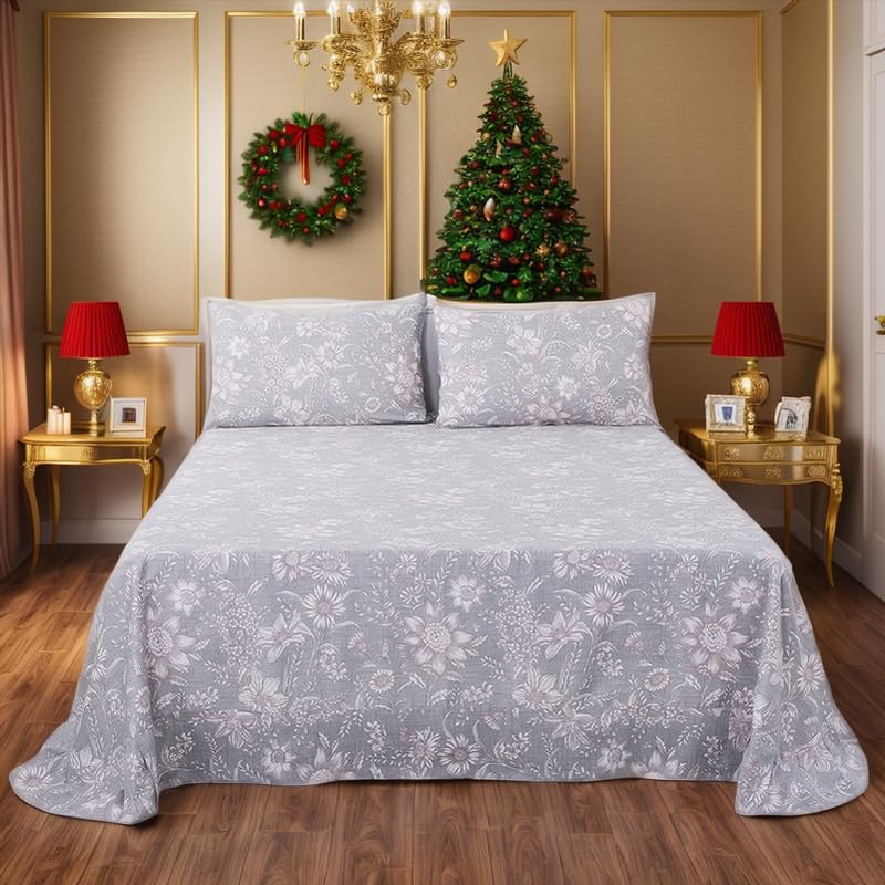 FADFAY Sheets Set King Shabby Pink and Grey Floral Bedding Vintage Sunflower 600TC Elegant Summer 100% Cotton Super Soft Hypoallergenic Deep Pocket Bed Sheets Set, 4Pcs-King Size