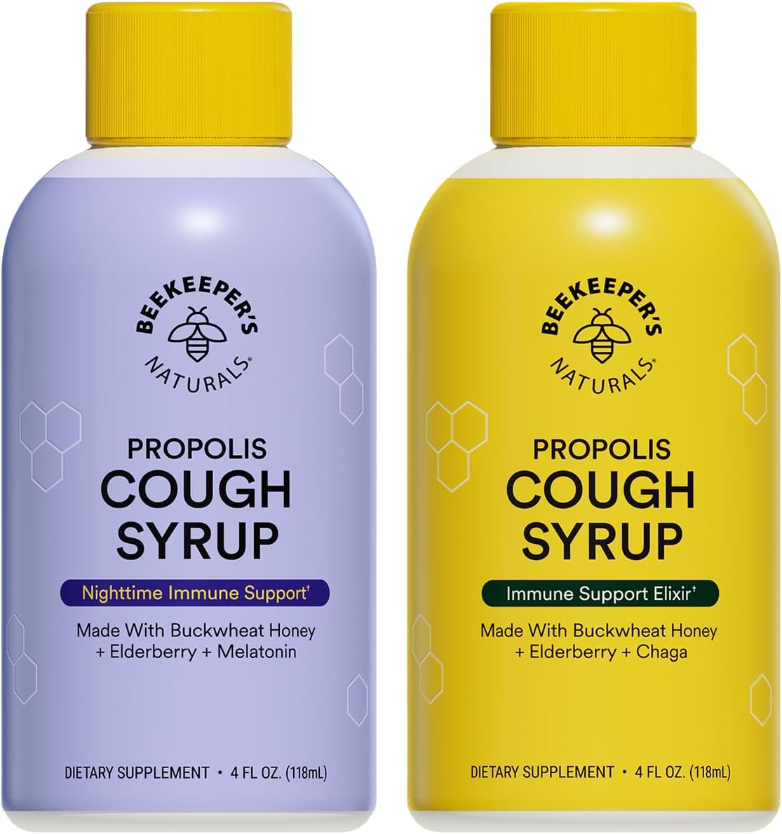 Beekeeper's Naturals Propolis Honey Cough Syrup – Adult Daytime & Nighttime Value Pack – Elderberry, Bee Propolis, Buckwheat Honey – Immune Support & Throat Soothing, Two Pack, 2 x 4 fl oz
