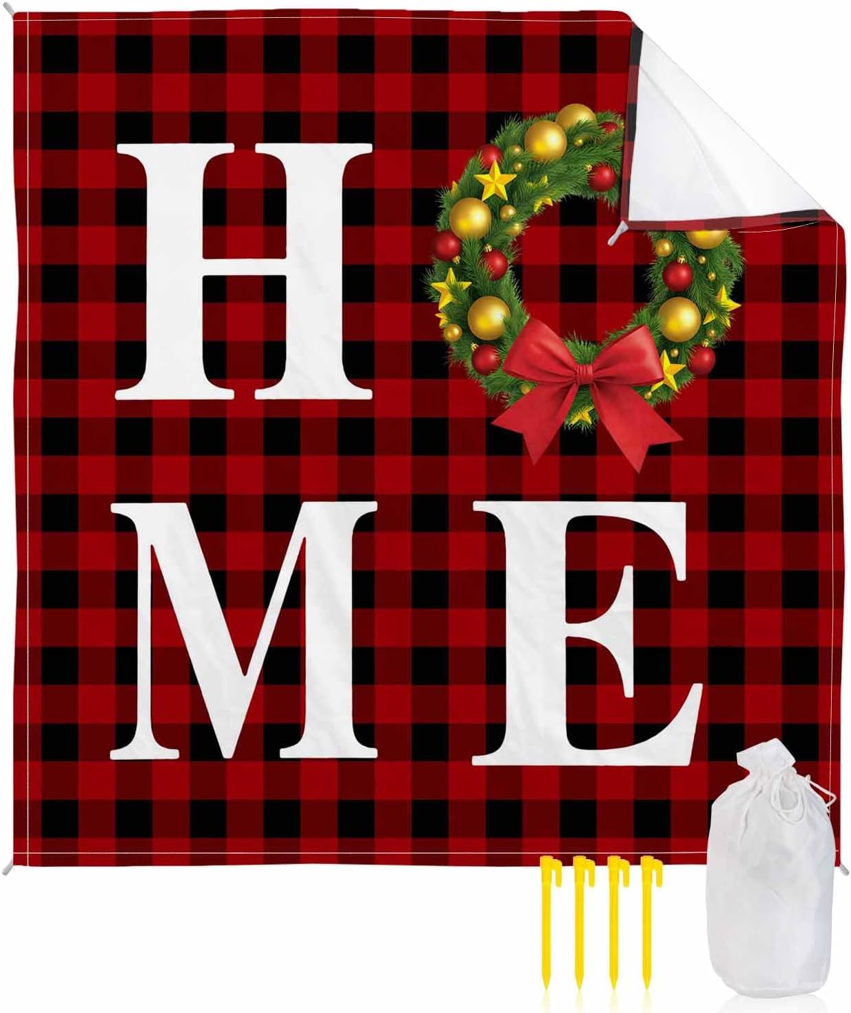 Beach Blanket, Black Red Plaid Green Christmas Wreath Red Bow Xmas Home Beach Mat 118"x108" Large Picnic Blanket,Sandproof Waterproof Outdoor Beach Blankets for Travel Camping Hiking Beach Vacation