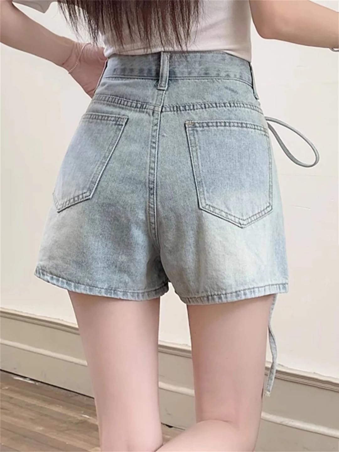 Gonna corta da donna in denim con lacci in tinta unita casual versatili gonne a vita svasata