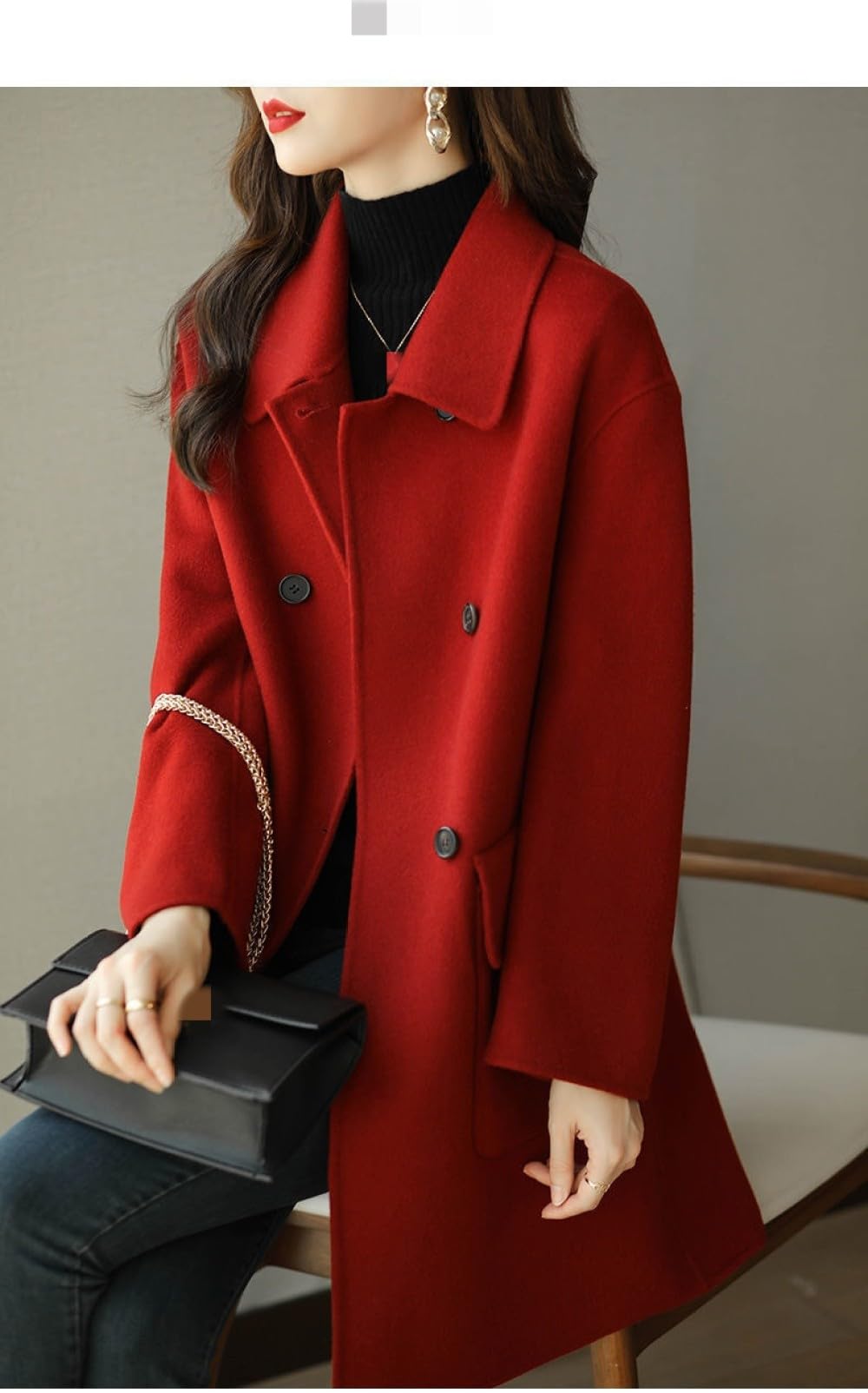 Cappotti di Lana da Donna Giacche Trench Midi,Maniche Lunghe Rosse Tinta Unita Colletto Rovesciato Bottoni Doppiopetto Capispalla Autunno Inverno Capispalla Casual di Transizione con Tasca