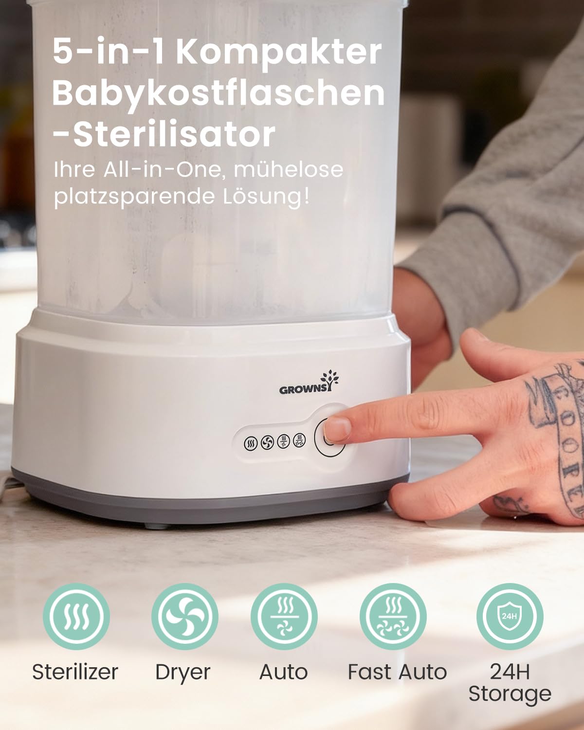 Grownsy Sterilisator für Babyflaschen mit Trocknerfunktion, 5-in-1 Dampfsterilisator Baby, Elektrischer Flaschensterilisator & Trockner, Schnell & Hygienisch, für Babyflaschen, Milchpumpen-Zubehör