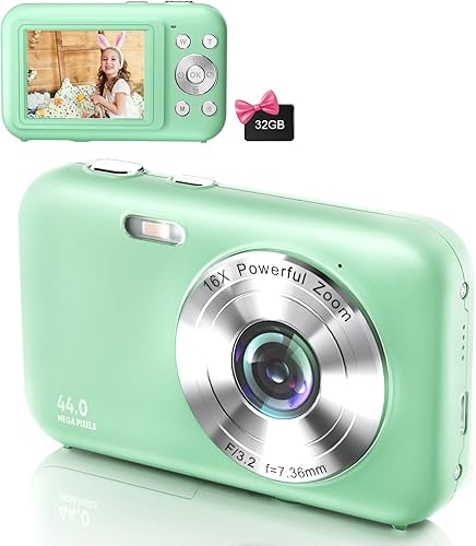 Cámara digital, FHD 1080P para niños con tarjeta SD de 32 GB, cámara de apuntar y disparar de 44 MP con zoom digital de 16X, cámara digital pequeña