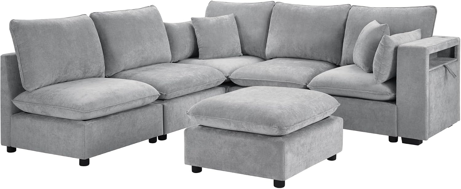 P PURLOVE Modern Sectional Sofa Modular Sofa Couch with a Movable Ottoman, Storage Armrests and USB Ports (Grey)