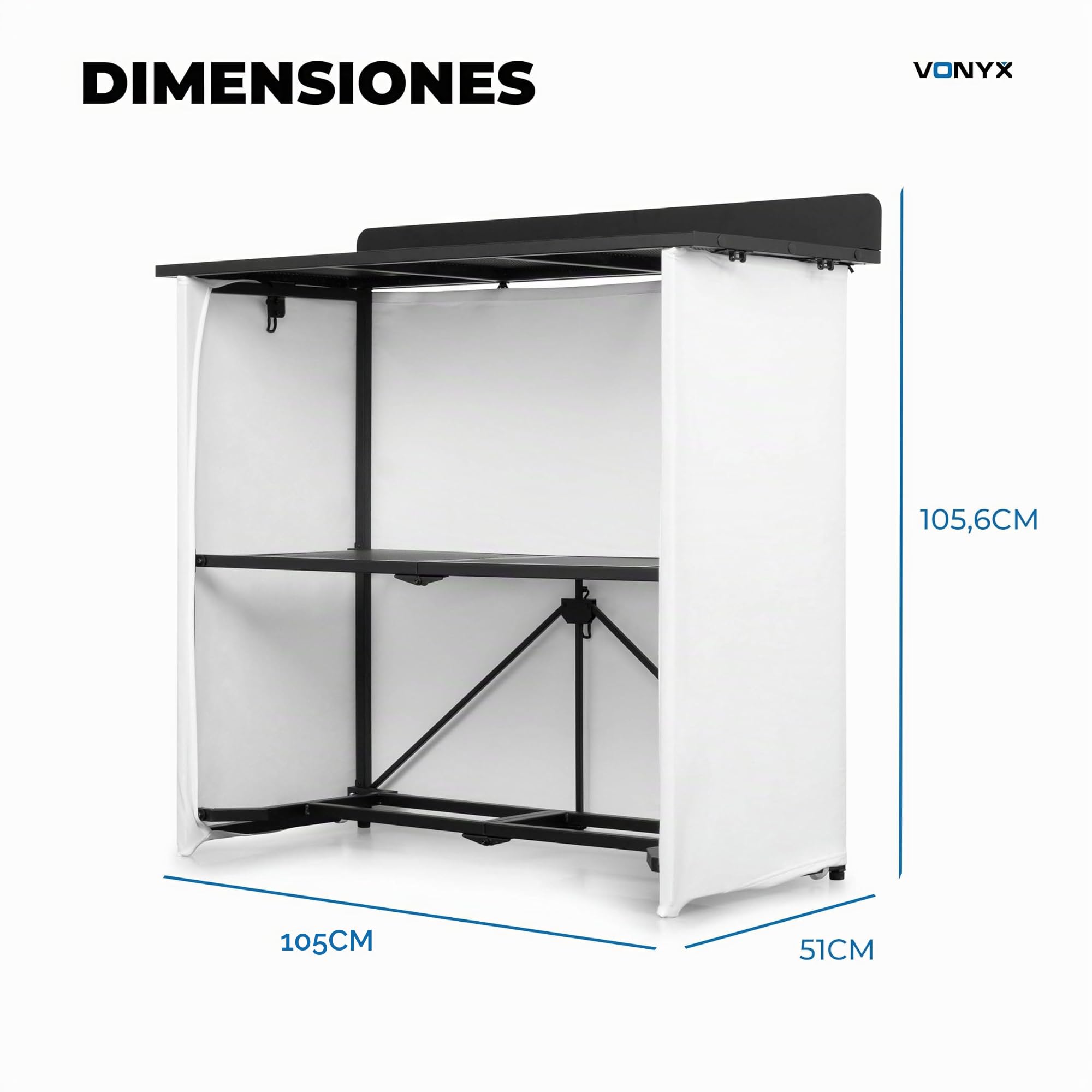 Vonyx DBF105 – Cabina DJ Plegable de 1 Metro con Estructura de Aluminio Fundas Lycra Blanca y Negra repisa Inferior pasacables y Bolsa de Transporte Resistente para DJs móviles