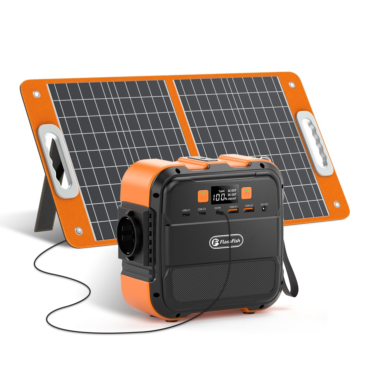 FlashFish Station Électrique 120W avec panneau solaire pliable 60 W, Générateur Électrique 98Wh avec sortie CA 230V, USB, Type-C, Batterie de Secours pour Extérieur, Camping, Jardin,Voyage