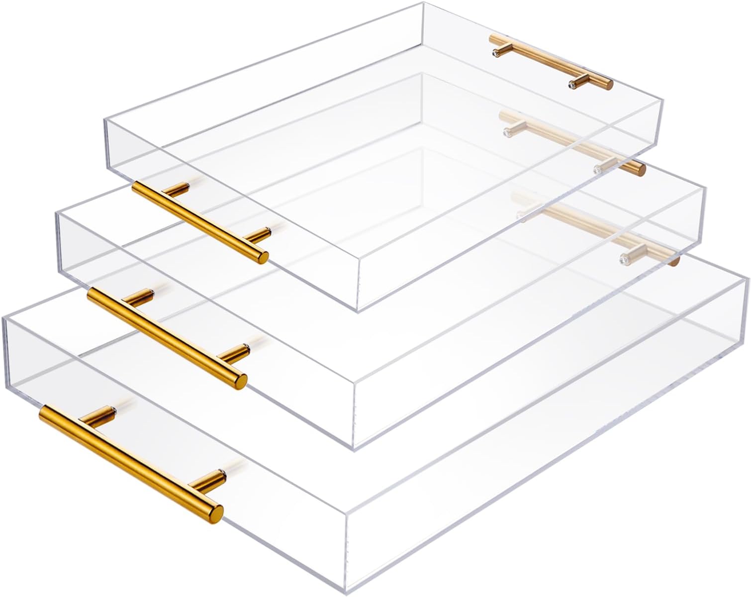 3 Pack Clear Acrylic Serving Tray with Gold Handles, Spill-Proof Acrylic Tray, Decorative Organizer Tray for Coffee Table Countertop Bathroom Vanity Appetizer Breakfast
