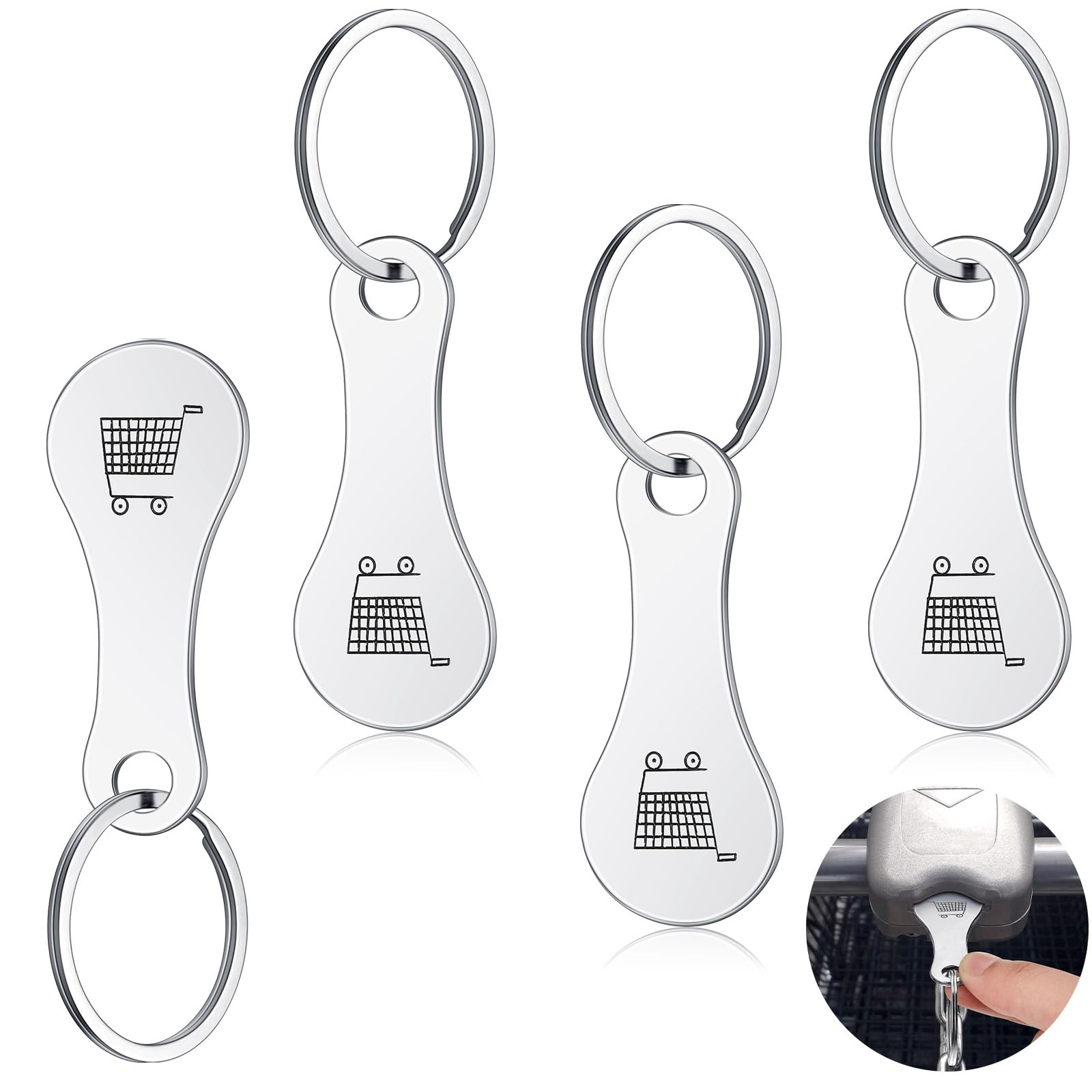 Shimeyao 4 Pcs Cart Pattern Portable Aluminum Alloy Keyring Shopping Cart Trolley Tokens Quarter Keychains Gift for Men Women Valentines