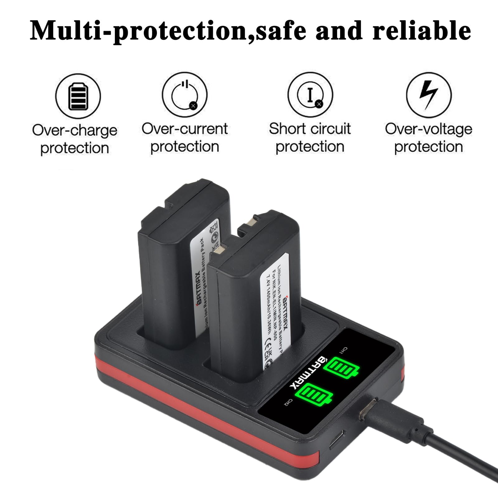 Batmax Batteria EN-EL1 1400mAh E Caricatore USB Doppio Per Nikon Coolpix 4300, 4500, 5000, 5700 E Altri