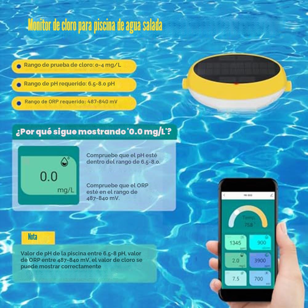para monitor inteligente de calidad del agua de piscina, 7 en 1 para probador WiFi tuya para pH, salinidad, ORP, CL, temperatura, control de aplicación en tiempo real para piscinas de agua