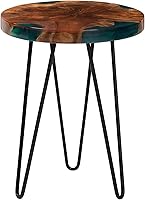 Bali Pari ANAN Round Teak Wood Epoxy Resin Live Edge End Table - Handcrafted Rustic Modern Side Table with Black Metal Legs