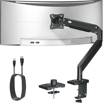 Ultrawide Monitor Arm for 22-43 Inch Monitors, Holds 33 lbs | Heavy Duty Gas Spring Monitor Arm, Adjustable Single Desk Mount with USB, Clamp, Grommet Base, VESA 75/100mm