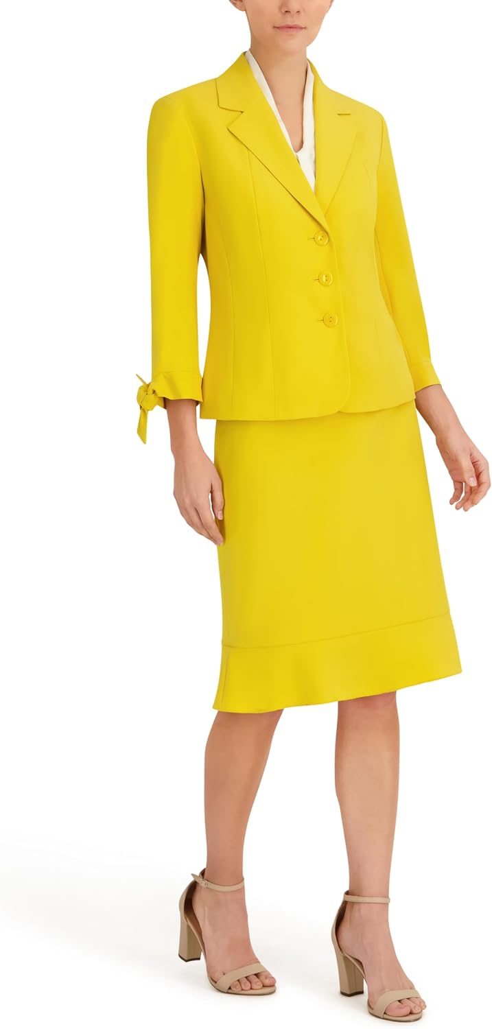 Le Suit Women's Three Button Tie Sleeve Jacket and Flounce Skirt, 2pc Set