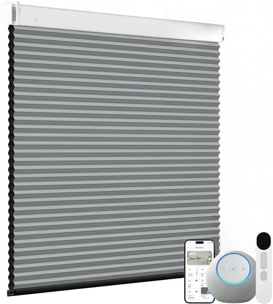 Shade&Beyond Motorized Cellular Shades with Remote, Rechargeable Smart Blinds, Compatible with Alexa/Google Home, Cordless Blackout Honeycomb Shades for Bedroom Home Office, Gray-Blue(Customizable)