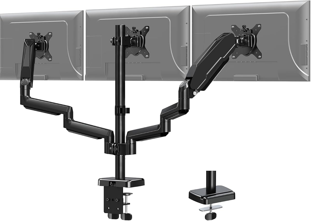 MOUNT PRO Triple Monitor Mount for 13-27 inch Screens, 3 Monitor Desk Mount, Gas Spring Triple Display Stand, Full Motion Three Computer Arm Hold up to 19.8 lbs Each, VESA 75x75, 100x100
