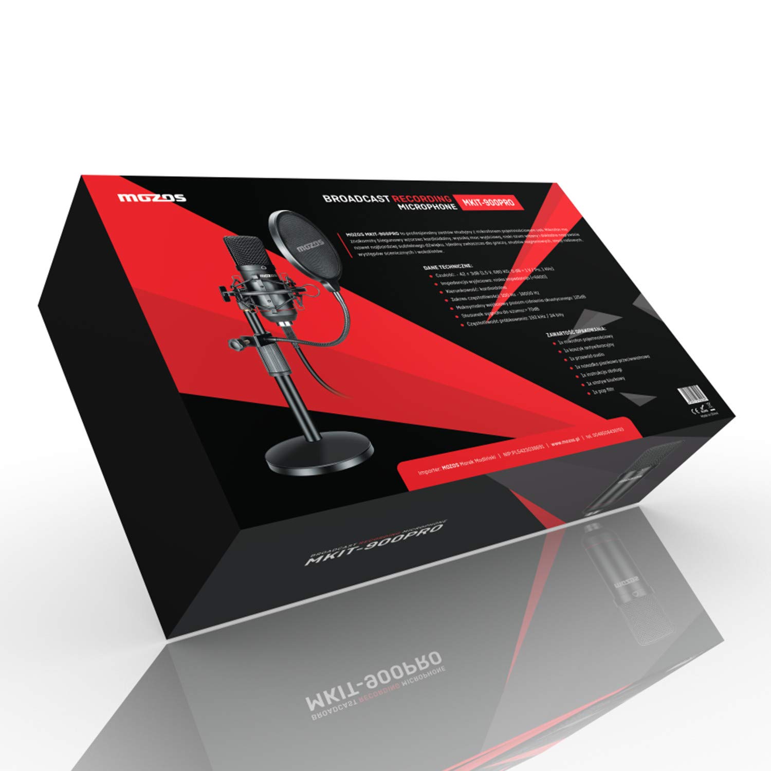 Mozos MKIT-900PRO profesjonalny zestaw mikrofonów pojemnościowych USB, studyjny, stojak, filtr pop, 100 Hz – 18000 Hz, czarny