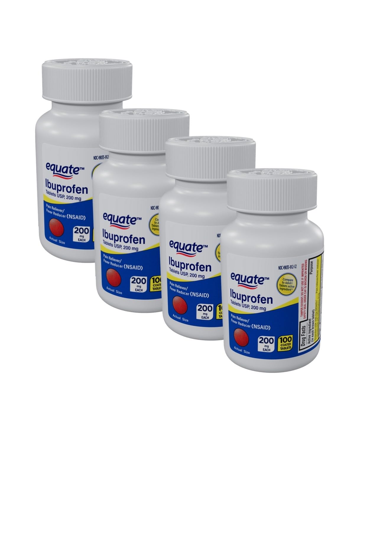 Equate Ibuprofen Pain Reliever/Fever Reducer Tablets, 200mg, 100 Count, Pack of 4