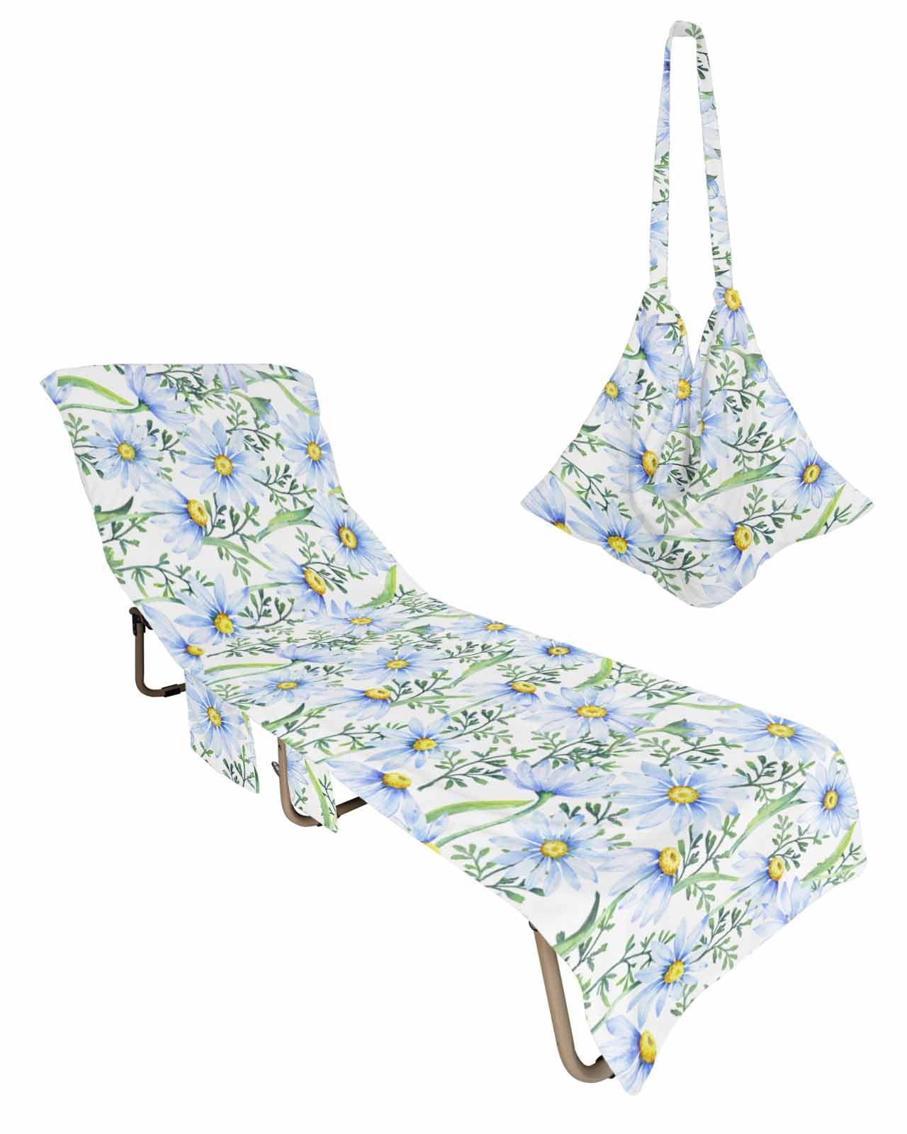 Blue Daisy Beach Lounge Chair Towel Cover, Soft Chaise Lounge Towel with Side Pockets Patio Pool Chairs Cover for Beach/Pool Sunbathing 29x85 Green Plant Leaves Blooms Botany Floral Watercolor