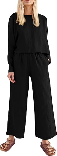 Miniatura 1 de PRETTYGARDEN Conjunto de 2 piezas para mujer, ropa deportiva casual de lino de manga larga y pantalones de pierna ancha para mujer