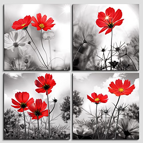 Wall art 4Panel Modern Salon Theme Black and White Plant The red flower Flower Abstract Painting Still Life Canvas Wall Art for Home Decor Flower Canvas Print Wall Art Painting For Living Room Decor