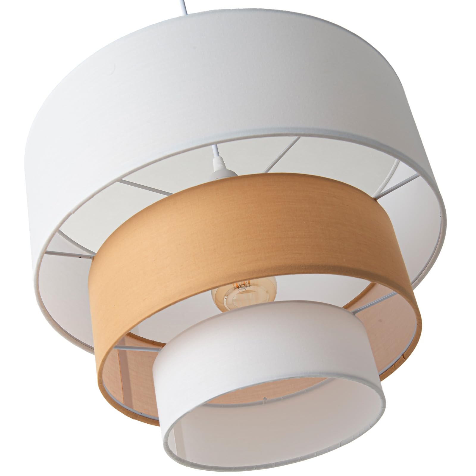 Alpinaluz Lámpara Colgante Textil Blanco y Beige de Tres Niveles Ø38 cm – Pantalla de Tela con Estructura de Acero, Casquillo E27, Iluminación Decorativa Moderna para Salón, Dormitorio, Comedor